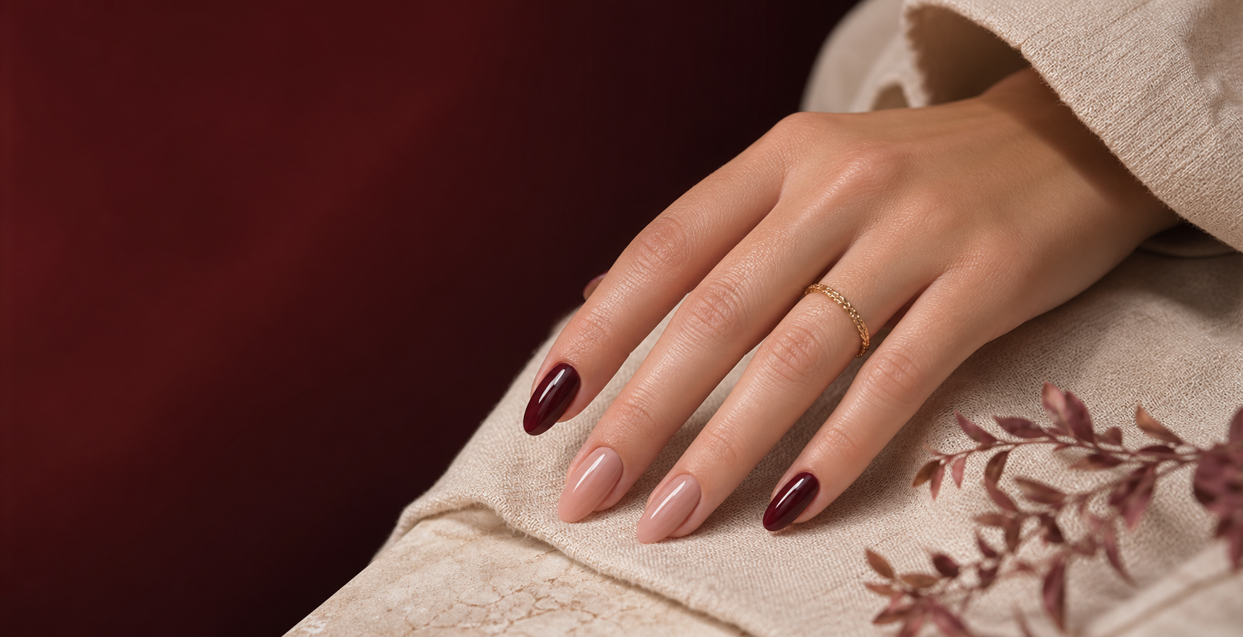 Elegant burgundy and nude manicure